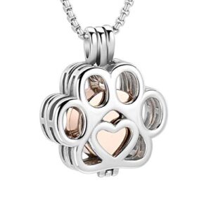 pet cremation jewelry for ashes for dog/cat paw stainless steel memorial locket urn necklace inside mini case keepsake cremation jewelry women men (silver with rose gold)