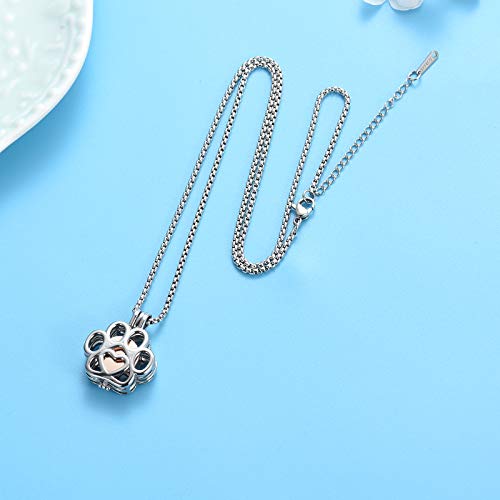 Pet Cremation Jewelry For Ashes For Dog/Cat Paw Stainless Steel Memorial Locket Urn Necklace Inside Mini Case Keepsake Cremation Jewelry Women Men (Silver With Rose gold)