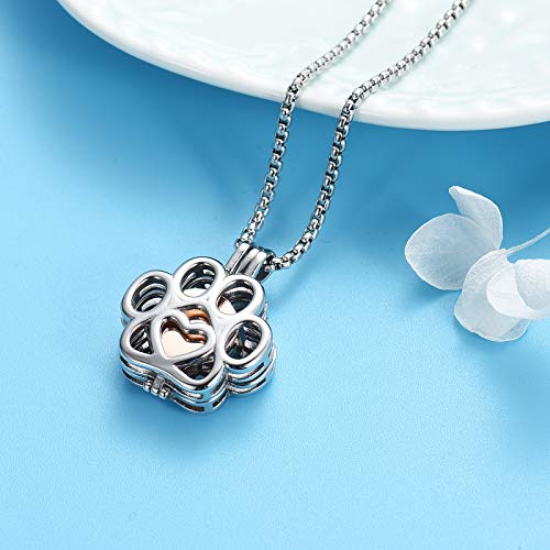 Pet Cremation Jewelry For Ashes For Dog/Cat Paw Stainless Steel Memorial Locket Urn Necklace Inside Mini Case Keepsake Cremation Jewelry Women Men (Silver With Rose gold)