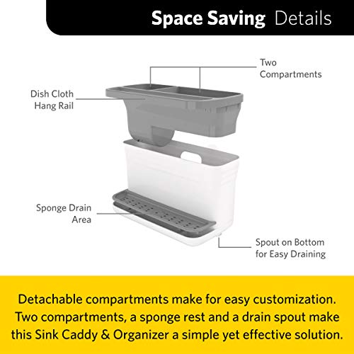 Glad Kitchen Sink Organizer Caddy with 2 Compartments | Sponge Holder for Soap, Scrubber Brush, and Dish Cloth | Drain Holes and Pour Spout Keeps Countertop Dry