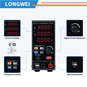 Programmable 30V/10A DC Power Supply Variable, Adjustable Switching Regulated Power Supply with 4-Digit Large Display Alligator Leads, 5V/2A USB Interface，2 Groups of Internal Memories.