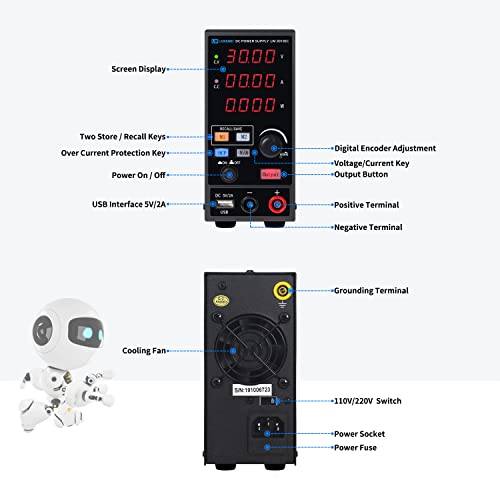 Programmable 30V/10A DC Power Supply Variable, Adjustable Switching Regulated Power Supply with 4-Digit Large Display Alligator Leads, 5V/2A USB Interface，2 Groups of Internal Memories.