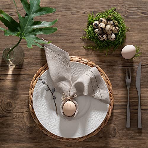 Linen Napkins - Natural 18 x 18 inch, Set of 4 Hemstitch Dinner Napkins Cloth with Embroidered Dot - Cloth Napkins from 100% French Flax, Natural Fabric