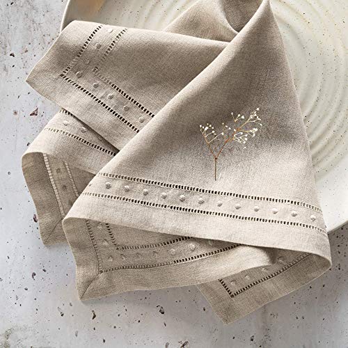 Linen Napkins - Natural 18 x 18 inch, Set of 4 Hemstitch Dinner Napkins Cloth with Embroidered Dot - Cloth Napkins from 100% French Flax, Natural Fabric