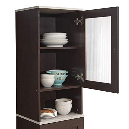 Hodedah 63" Tall Slim Open Shelf Plus Top and Bottom Enclosed Storage Kitchen Pantry, Chocolate-Grey