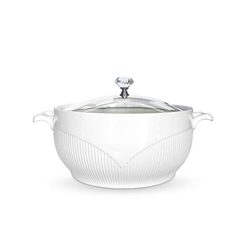 ABHOME Ceramic Soup Tureen with Glass Lid Porcelain Serving Tureen Soup for Restaurant Home Kitchen Decoration Cute Ceramic Covered Tureens for Soup, White Porcelain (8.58 in)