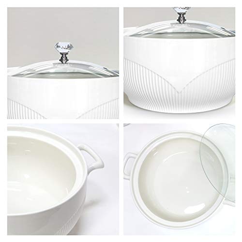 ABHOME Ceramic Soup Tureen with Glass Lid Porcelain Serving Tureen Soup for Restaurant Home Kitchen Decoration Cute Ceramic Covered Tureens for Soup, White Porcelain (8.58 in)