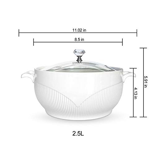 ABHOME Ceramic Soup Tureen with Glass Lid Porcelain Serving Tureen Soup for Restaurant Home Kitchen Decoration Cute Ceramic Covered Tureens for Soup, White Porcelain (8.58 in)