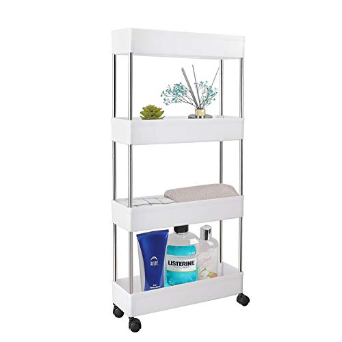 PILITO Slim Storage Cart 4 Tier Rolling Utility Cart Mobile Shelving Unit Organizer with Wheels for Bathroom, Kitchen, Office, Laundry Narrow Places & Dressers, Plastic & Stainless Steel, White