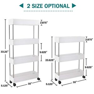 PILITO Slim Storage Cart 4 Tier Rolling Utility Cart Mobile Shelving Unit Organizer with Wheels for Bathroom, Kitchen, Office, Laundry Narrow Places & Dressers, Plastic & Stainless Steel, White