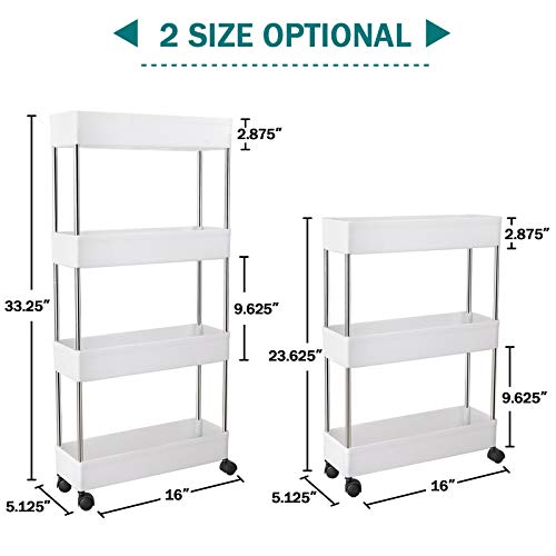 PILITO Slim Storage Cart 4 Tier Rolling Utility Cart Mobile Shelving Unit Organizer with Wheels for Bathroom, Kitchen, Office, Laundry Narrow Places & Dressers, Plastic & Stainless Steel, White