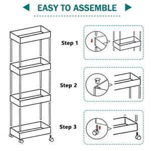 PILITO Slim Storage Cart 4 Tier Rolling Utility Cart Mobile Shelving Unit Organizer with Wheels for Bathroom, Kitchen, Office, Laundry Narrow Places & Dressers, Plastic & Stainless Steel, White