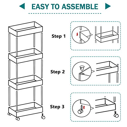 PILITO Slim Storage Cart 4 Tier Rolling Utility Cart Mobile Shelving Unit Organizer with Wheels for Bathroom, Kitchen, Office, Laundry Narrow Places & Dressers, Plastic & Stainless Steel, White