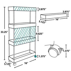 PILITO Slim Storage Cart 4 Tier Rolling Utility Cart Mobile Shelving Unit Organizer with Wheels for Bathroom, Kitchen, Office, Laundry Narrow Places & Dressers, Plastic & Stainless Steel, White