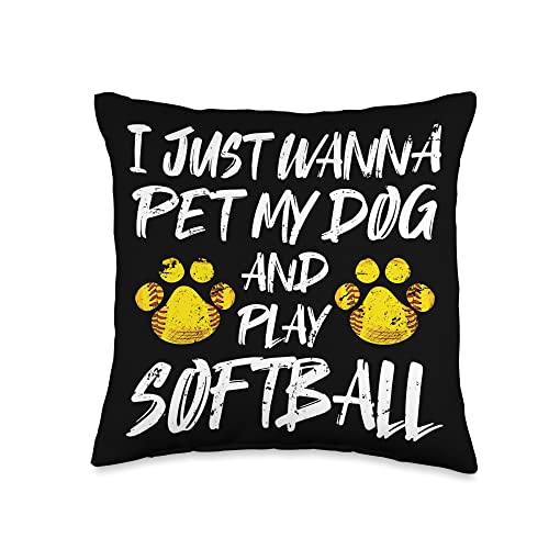 Girls Softball Player Stuff Dog Lover Funny Fastpitch Softball Throw Pillow, 16x16, Multicolor