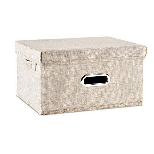 HONGKERNE Linen Fabric Storage Bin with Lid[1-Pack] Foldable Storage Box Organizer Storage Basket with Lid Closet Storage Bins for Clothes Storage Containers for Bedroom Office Home (Cream, Small)