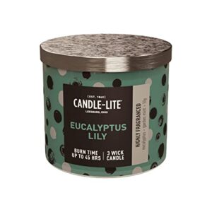 candle-lite premium eucalyptus lily scent, 14 oz. 3-wick aromatherapy candle with up to 45 hours of burn time, green