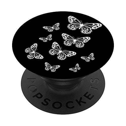 White Butterflies Black Background PopSockets Swappable PopGrip