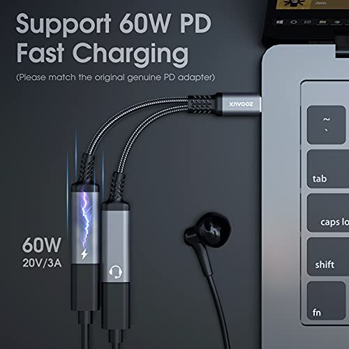 USB C Splitter, ZOOAUX Dual USB C Headphone and Charger Adapter,2-in-1 Type C Audio Dongle Cable with PD 60W Fast Charging Support Call Music for Pixel 4 3 XL,Galaxy S22 S21 S20+ S20 Note 20 10,Xperia