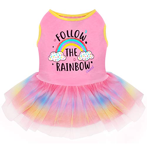 KYEESE Dog Dress Sunflower Dogs Sundress Tulle with Ruffle Sleeves Dog Apparel (Medium (Pack of 1), Rainbow(A))