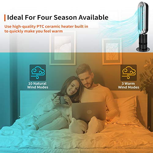 HealSmart 32-inch Space Heater Bladeless Tower Fan, Heater & Fan Combo, 9H Timer 10 Speeds with Remote Control, Air Circulator Fan for Home , black