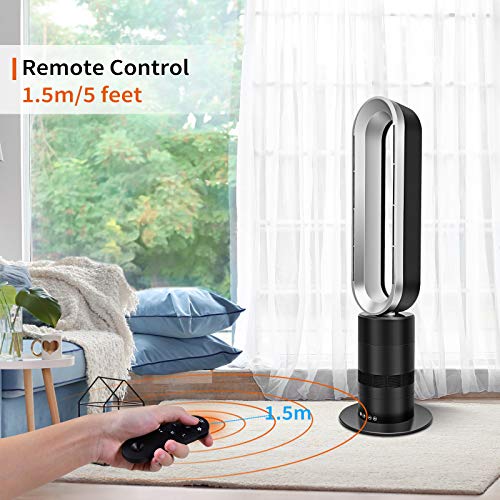 HealSmart 32-inch Space Heater Bladeless Tower Fan, Heater & Fan Combo, 9H Timer 10 Speeds with Remote Control, Air Circulator Fan for Home , black