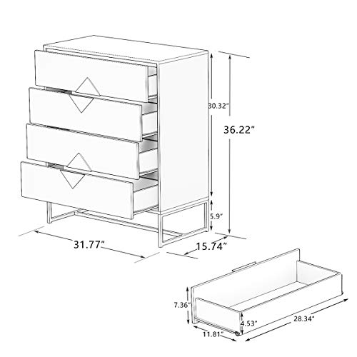 RASOO Chest of Drawers White 4 Drawer Dresser Chest Bedside Drawer Cabinet Storage for Bedroom with Special Shape Square Handle, 31.77” X 15.74” X 36.22” (LxWxH)