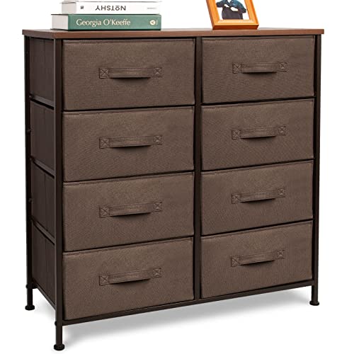 CONNOO 8 Drawer Storage Dresser Unit, Tall Vertical Storage Tower Chest, Fabric Organizer Unit for Bedroom, Living Room, Closet, Hallway, Entryway, Nursery, Wooden Top, Espresso Brown