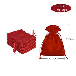 AKLVBL 50 Pack 5X7 Red Satin Bags Small Gift Bags, Jewelry Bags, Drawstring Pouch, Wedding Favor Bags, Baby Shower Bags, Party Favor Bags,Satin Gift Bags