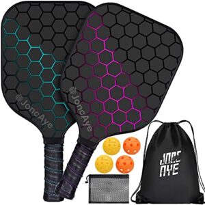 joncaye pickle-ball-paddle set of 2 with outdoor indoor balls, paddle bag, ball bag | fiberglass pickleball rackets for adults with accessories | pink blue pickleball racquets for men women