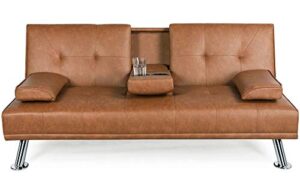cyanhope futon sofa bed convertible love seat faux leather sleeper with folding down cup-holders and removable arms, brown