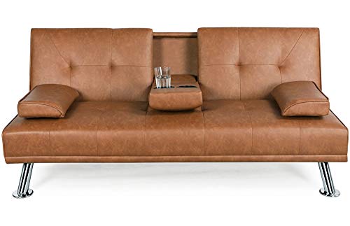 Cyanhope Futon Sofa Bed Convertible Love Seat Faux Leather Sleeper with Folding Down Cup-Holders and Removable Arms, Brown