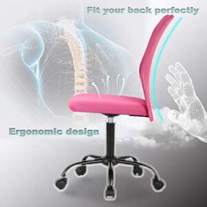 Office Chair Armless Mesh Computer Desk Chair Ergonomic Mid Back Task Chair with Wheels&Lumbar Support Swivel Rolling Chairs for Women Girls, Pink