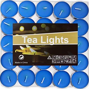 ouo tea lights candles, 50 pack smokeless candles,small candles, dripless & long lasting mini tealight candles for mood, dinners, parities, home, decoration, wedding, crafts(blue)
