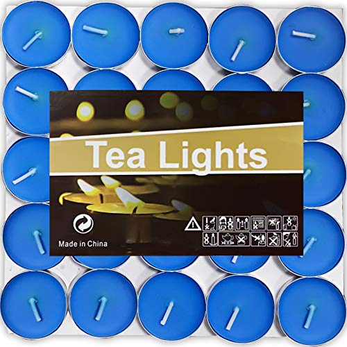 OUO Tea Lights Candles, 50 Pack Smokeless Candles,Small Candles, Dripless & Long Lasting Mini Tealight Candles for Mood, Dinners, Parities, Home, Decoration, Wedding, Crafts(Blue)