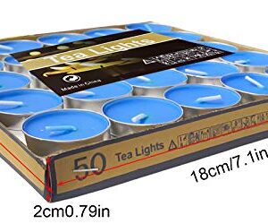 OUO Tea Lights Candles, 50 Pack Smokeless Candles,Small Candles, Dripless & Long Lasting Mini Tealight Candles for Mood, Dinners, Parities, Home, Decoration, Wedding, Crafts(Blue)