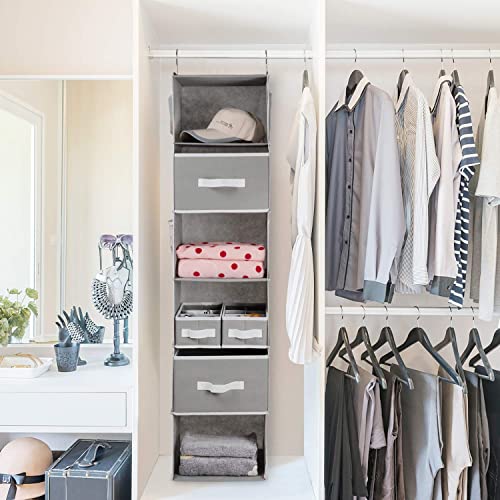 Univivi 6-Shelf Closet Hanging Storage Organizer, Hanging Closet Organizer with Drawers and 6 Side Pockets Closet Hanging Shelves for Baby, Nursery, Closet, Clothes, Tshirts - Gray