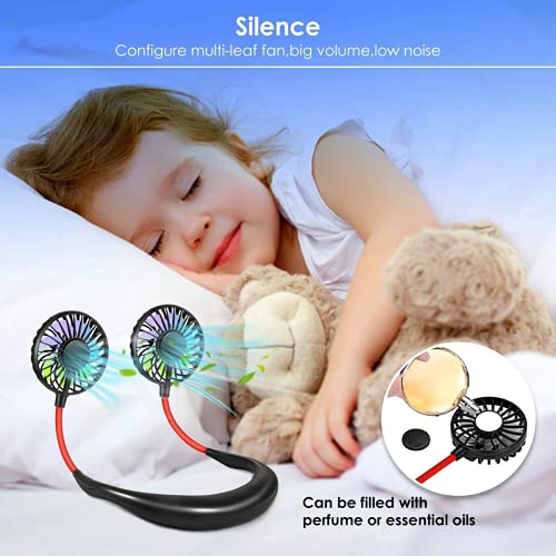 Neck Fan, Portable Usb Rechargeable Led Fan Headphone Design Hand Free Personal Fan Wearable Cooler Fan with Dual Wind Head for Camping Home Outdoor