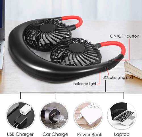 Neck Fan, Portable Usb Rechargeable Led Fan Headphone Design Hand Free Personal Fan Wearable Cooler Fan with Dual Wind Head for Camping Home Outdoor