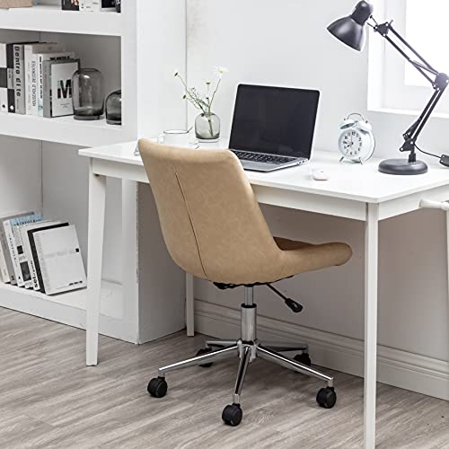 BTEXPERT Beige Home Office Faux Leather Computer Ergonomic Task Adjustable Leisure Chrome Base Swivel Armless Rolling Wheels Study Desk Vanity Chair