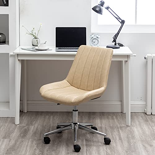 BTEXPERT Beige Home Office Faux Leather Computer Ergonomic Task Adjustable Leisure Chrome Base Swivel Armless Rolling Wheels Study Desk Vanity Chair