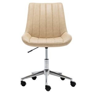 BTEXPERT Beige Home Office Faux Leather Computer Ergonomic Task Adjustable Leisure Chrome Base Swivel Armless Rolling Wheels Study Desk Vanity Chair