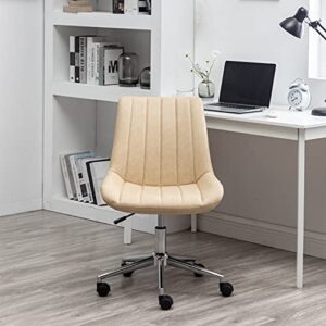 BTEXPERT Beige Home Office Faux Leather Computer Ergonomic Task Adjustable Leisure Chrome Base Swivel Armless Rolling Wheels Study Desk Vanity Chair