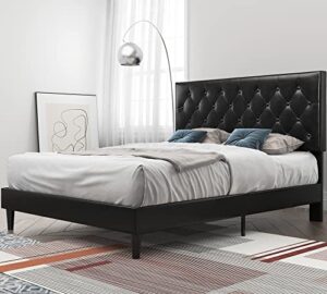 einfach queen platform bed frame with adjustable faux leather diamond stitched button tufted headboard, sturdy wooden support and no box spring needed, black