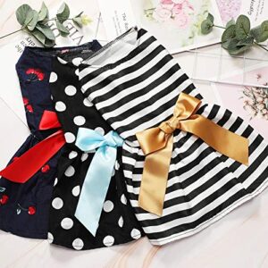 3 Pieces Cute Ribbon Dog Dress for Small Medium Dogs Puppy Shirts Dog Clothes Pet Apparel for Cats in Wedding Holiday Christmas New Year Spring Summer (White Dots, Black White Stripes, Cherries,M)