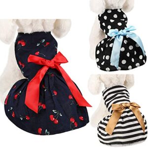 3 Pieces Cute Ribbon Dog Dress for Small Medium Dogs Puppy Shirts Dog Clothes Pet Apparel for Cats in Wedding Holiday Christmas New Year Spring Summer (White Dots, Black White Stripes, Cherries,M)