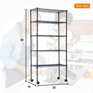 750 LBS Black 5 Tier Shelf Wire Shelving Unit - 14"x30"x60" with Wheels, NSF Wire Shelf Metal Heavy Duty Rack Height Adjustable Utility for Garage Kitchen Office Commercial Shelving Steel Layer Shelf