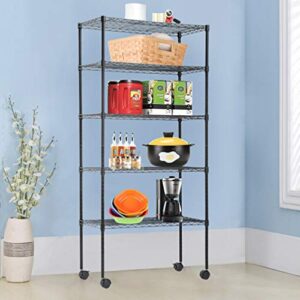 750 LBS Black 5 Tier Shelf Wire Shelving Unit - 14"x30"x60" with Wheels, NSF Wire Shelf Metal Heavy Duty Rack Height Adjustable Utility for Garage Kitchen Office Commercial Shelving Steel Layer Shelf