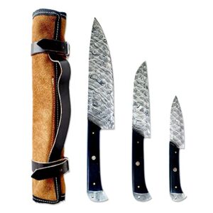 breliser 3-piece full diamond-hammered damascus knife set, wenge handle - chef, santoku, paring - leather knife roll - knife care kit
