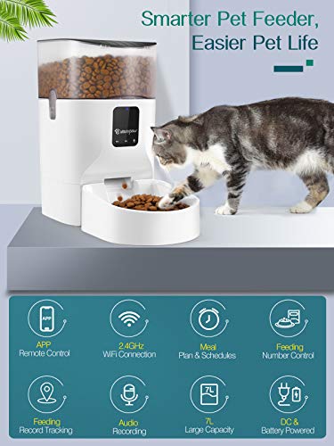 VavoPaw 7L Automatic Cat Feeder, WiFi Enabled Smart Food Dispenser for Cats, Dogs & Small Pets with APP Control, Programmable Timer, Voice Recorder and Portion Control Up to 10 Meals per Day, White